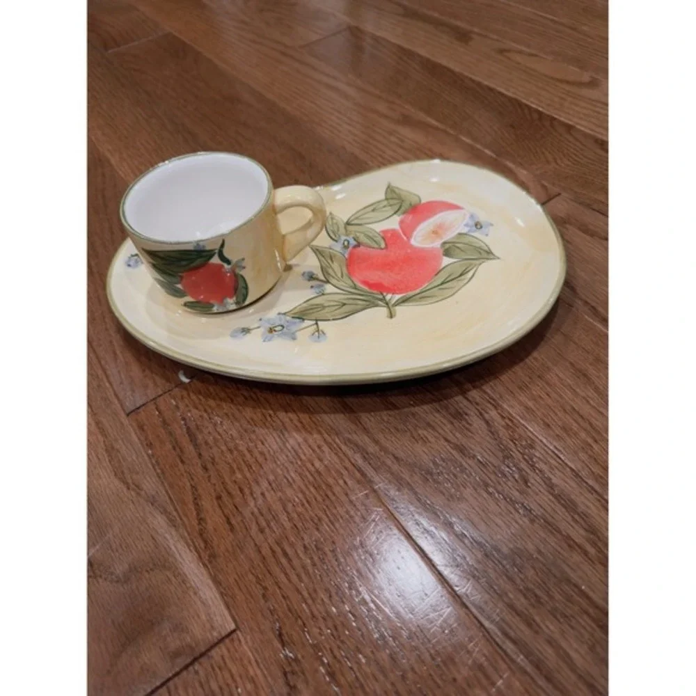 Lillian Vernon‎ Ceramic Snack Set Cup and Plate Orange Citrus Fruit Hand Painted